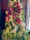 The Amanda Cranberry Red & Gold Christmas Tree Topper Bow, Reindeer Bow, Xmas bow, tree trimming bow, wreath bow, swag bow