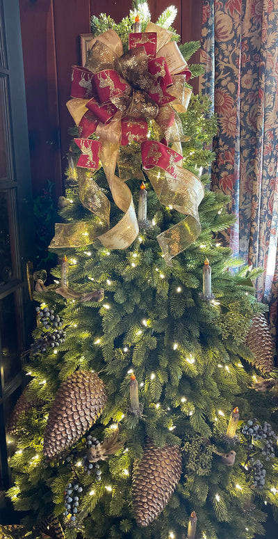 The Amanda Cranberry Red & Gold Christmas Tree Topper Bow, Reindeer Bow, Xmas bow, tree trimming bow, wreath bow, swag bow