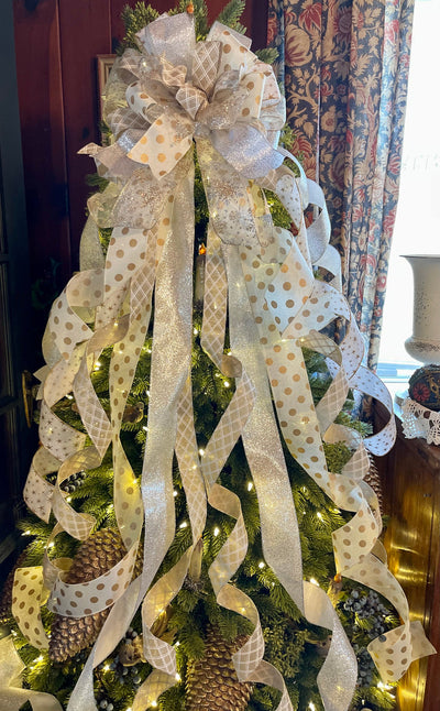 The Jude White Gold & Silver Christmas Tree Topper bow, XXL Christmas bow, tree trimming bow, ribbon topper, tree trimming, Oversized bow