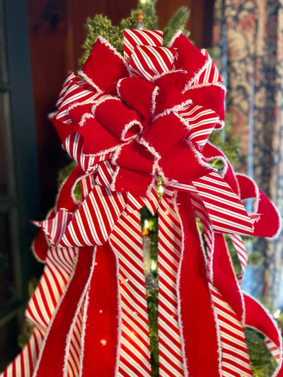 The Alma Red & White Peppermint Christmas Tree Topper Bow, XL christmas bow, Tree trimming bow, long streamer bow, Candy cane bow