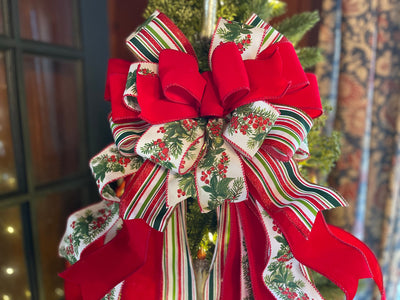 The Samara Red Green & White Christmas Tree Topper Bow, bow for lantern, bow for wreaths, long streamer bow, christmas decor