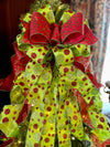 The Joanne Red & Lime Green Polka Dot Christmas Tree Topper Bow, bow for wreath, long streamer bow, Grinch bow, tree trimming bow
