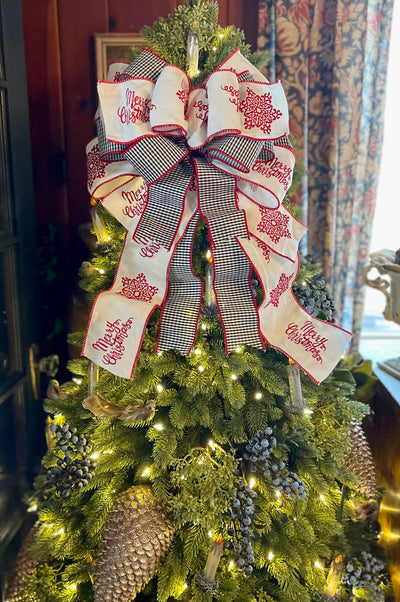 The Maeve red black & white luxury Christmas Tree Topper Bow, ribbon tree top, XL topper for christmas tree, embroidered Nordic snowflake