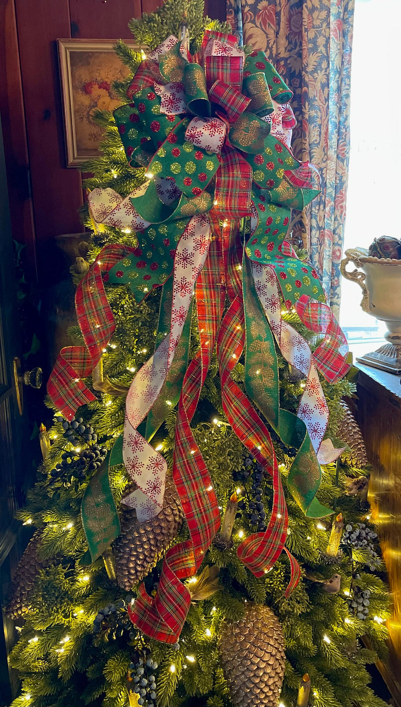 The Bridget Red Green & Gold Christmas Tree Topper Bow, XL bow, bow for wreaths, long streamer bow, tree trimming bow, plaid ribbon topper