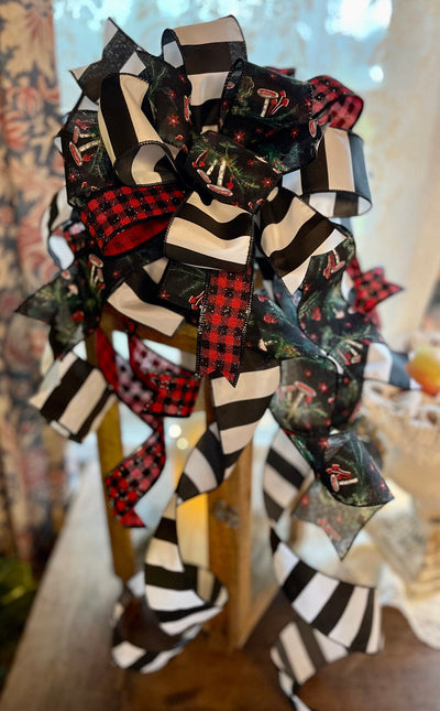 The Amanita Cranberry Red Black & White Christmas Tree Bow, Xmas wreath bow, mushroom bow, Swag bow, rustic cabin decor