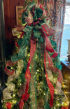 The Janine XL Red Green & Gold Plaid Christmas Tree Topper Bow, Extra long Bow, Xmas plaid, Farmhouse Cottage Bow, ribbon topper