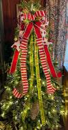 The Whoville Red White & Green Whimsical Christmas Tree Topper Bow, XL bow for wreaths, long streamer bow, Grinch bow