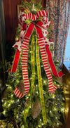 The Whoville Red White & Green Whimsical Christmas Tree Topper Bow, XL bow for wreaths, long streamer bow, Grinch bow