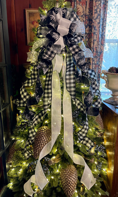 The Dasha Silver Black & White Christmas Tree Topper Bow, Bow for wreaths, tree trimming bow, long streamer bow, snowflake bow