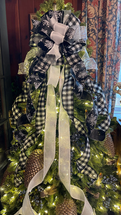 The Dasha Silver Black & White Christmas Tree Topper Bow, Bow for wreaths, tree trimming bow, long streamer bow, snowflake bow