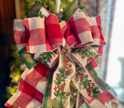 The Maryanne Red Green & White Christmas Tree Topper Bow, Bow for Christmas tree, bow for wreaths, long streamer bow, cottage style bow