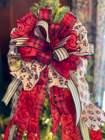 The Nicole Black & Red Christmas Tree Topper Bow, luxury ribbon topper, XL bow topper for christmas tree