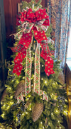 The Tamara Red Green & White Christmas Tree Topper Bow, Bow for Christmas tree, bow for wreaths, long streamer bow, cottage style bow