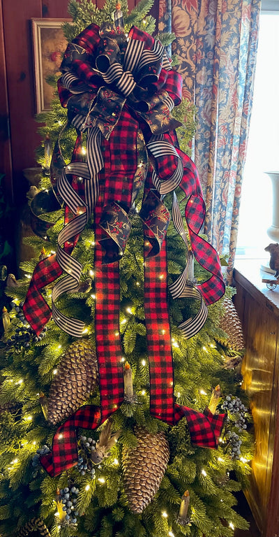 The Faye Buffalo Check Christmas Tree Topper Bow, Rustic Farmhouse Bow for wreaths, Red & Black modern farmhouse tree topper, tree trimming