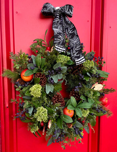 The Audrey Rustic Red & Green Evergreen and Fruit Christmas Wreath For Front Door, Farmhouse Pine berry winter wreath, black white check