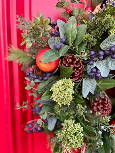 The Audrey Rustic Red & Green Evergreen and Fruit Christmas Wreath For Front Door, Farmhouse Pine berry winter wreath, black white check