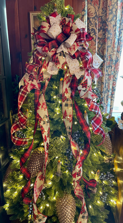 The Kristoph Red Black & Tan Christmas Tree Topper Bow, Xmas Bow buffalo check, Swag Bow, Farmhouse Christmas Decor