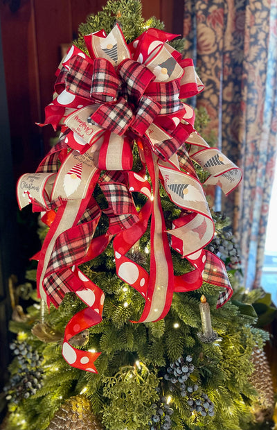 The Gnomeo Red Black & White Christmas tree topper Bow, bow for lantern, bow for wreaths, long streamer bow for mailbox, christmas decor