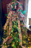 The Olga Red Mint Green & White Christmas Tree Topper Bow, Tree trimming bow, Xmas bow, whimsical bow, ribbon topper, long streamer bow