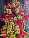 The Jovie Red & Lime Green Polka Dot Christmas Tree Topper Bow, bow for wreath, long streamer bow, Grinch bow, tree trimming