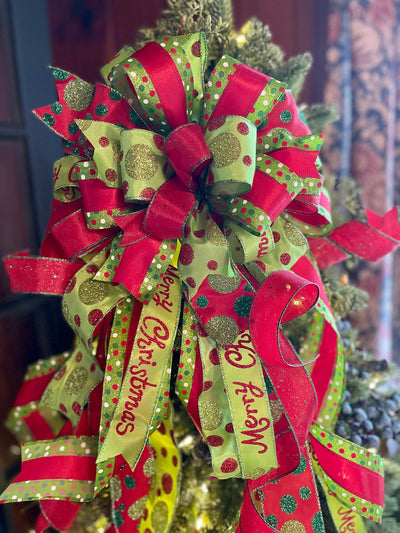 The Jovie Red & Lime Green Polka Dot Christmas Tree Topper Bow, bow for wreath, long streamer bow, Grinch bow, tree trimming