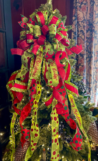 The Jovie Red & Lime Green Polka Dot Christmas Tree Topper Bow, bow for wreath, long streamer bow, Grinch bow, tree trimming