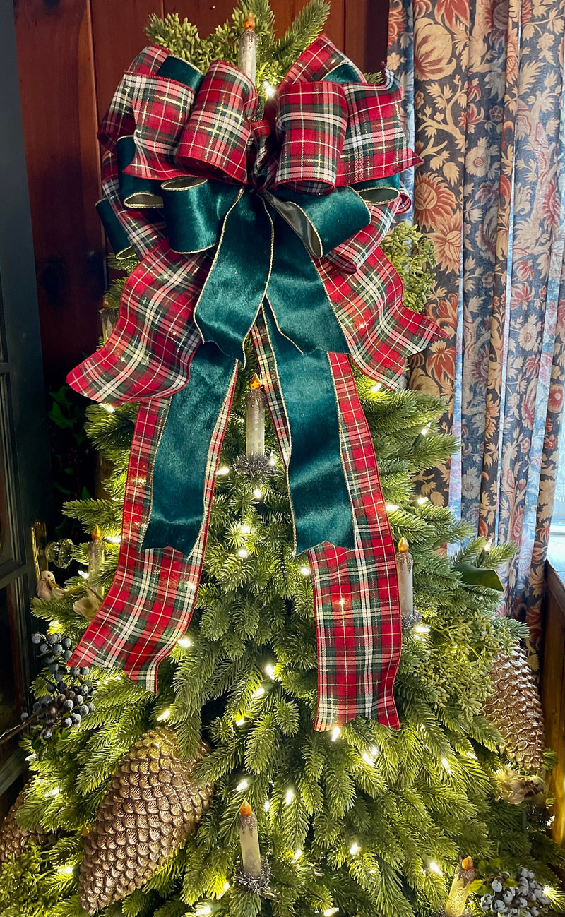 The Regina Red Green and Gold Christmas Tree Topper Bow, Deluxe ribbon topper, XL bow topper for christmas tree, Bow tree topper, plaid bow