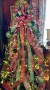 The Edith Red Green & Gold Poinsettia XXL Christmas Tree Topper Bow, Christmas tree trimming bow, XL long streamer bow, christmas decor