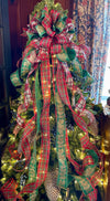 The Edith Red Green & Gold Poinsettia XXL Christmas Tree Topper Bow, Christmas tree trimming bow, XL long streamer bow, christmas decor