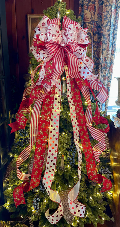 The Ginger Red & White Gingerbread Christmas Tree Topper Bow, Tree trimming bow, long streamer bow, Ribbon topper, XL bow, peppermint bow