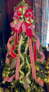 The Margaret Red Lime Green & White Christmas Tree Topper Bow, Tree trimming bow, Xmas bow, whimsical bow, ribbon topper, long streamer bow