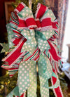 The Mindy Red Mint Green & White Christmas Tree Topper Bow, Tree trimming bow, Xmas bow, whimsical bow, ribbon topper, long streamer bow