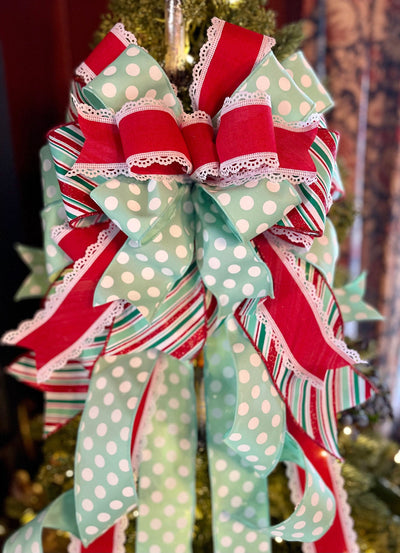 The Mindy Red Mint Green & White Christmas Tree Topper Bow, Tree trimming bow, Xmas bow, whimsical bow, ribbon topper, long streamer bow