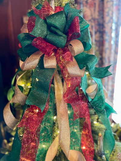 The Eleanor Red Green & Gold Christmas Tree Topper Bow, Bow topper for christmas tree, Xmas bow, ribbon tree topper, tree trimming bow