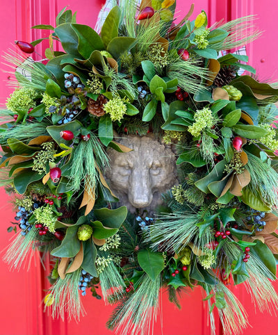 The Theodore Rustic Red Evergreen Bear Christmas Wreath For Front Door, lodge Pine wreath, berry winter wreath, elegant oversized wreath