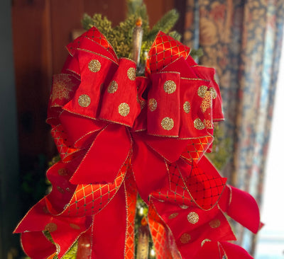 The DeeDee Red & Gold Christmas Tree Topper Bow, Tree trimming bow, Red christmas bow, tree bow, red bow topper for tree, bow tree topper