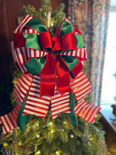 The Kringle Red & Green Christmas Tree Topper Bow, Santa Claus bow, bow for wreath, luxury ribbon bow, bow for tree, christmas bows