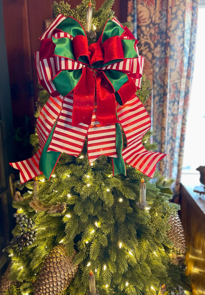 The Kringle Red & Green Christmas Tree Topper Bow, Santa Claus bow, bow for wreath, luxury ribbon bow, bow for tree, christmas bows