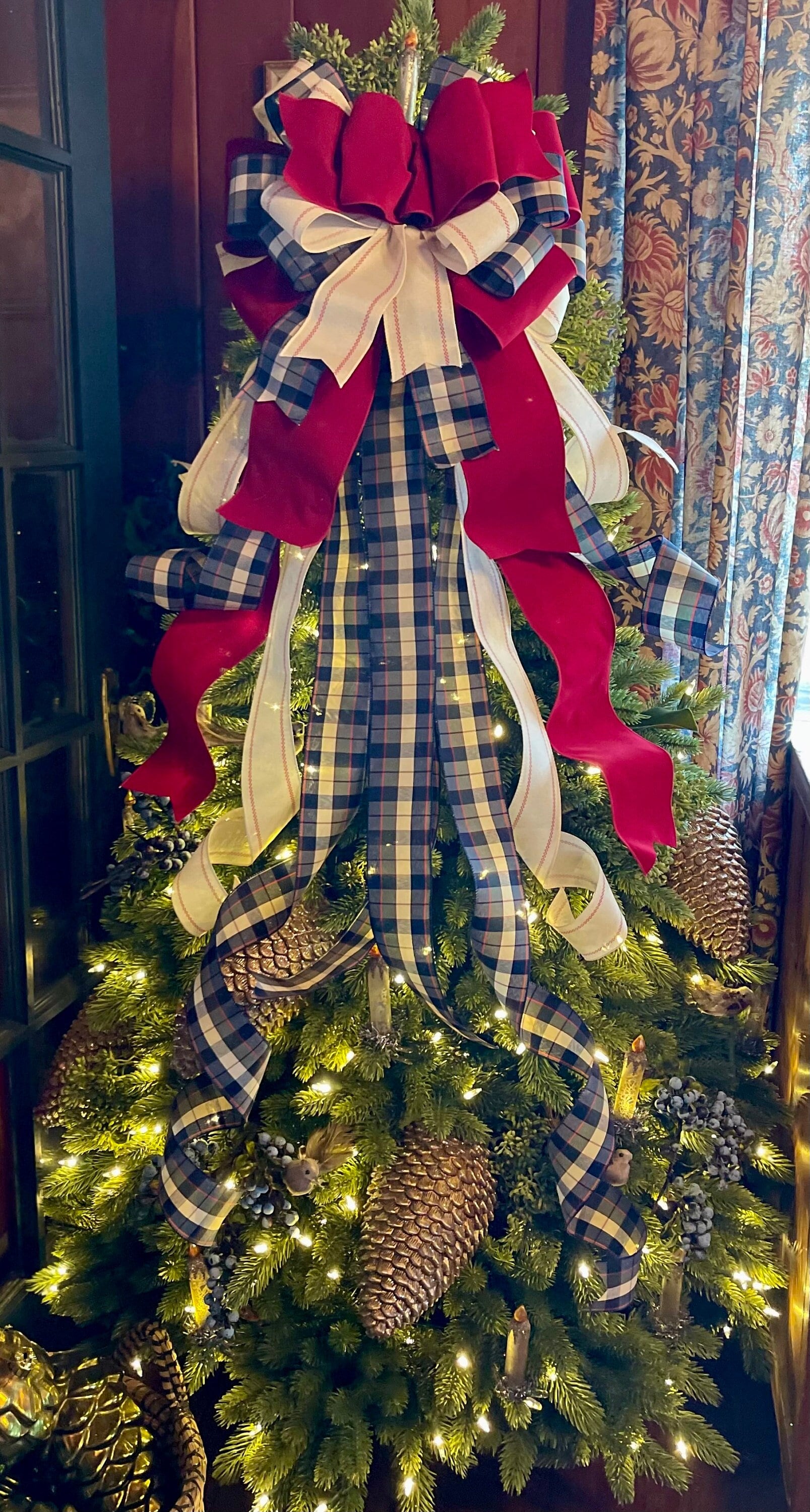 The Leah Burgundy Navy & Cream Christmas Tree Topper Bow, Plaid Christmas Bow, Navy Christmas tree Bow, Bow for tree, Bow tree topper