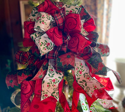 The Cheri Red Green & White Christmas Tree Topper Bow, Cottage style bow, bow for wreaths, long streamer bow, christmas decor, bow for tree