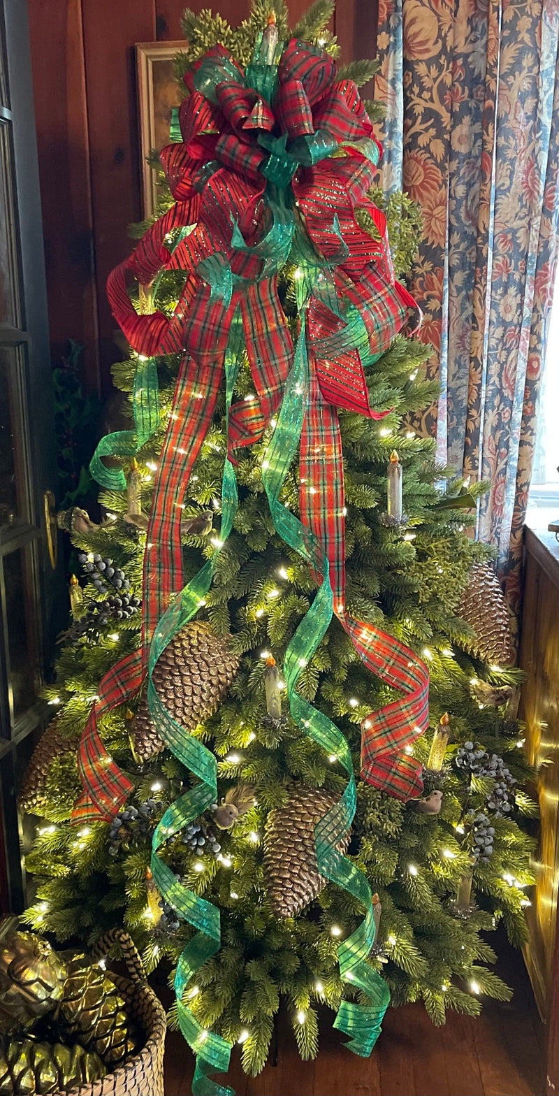 The Ellen Red & Green Christmas Tree Topper Bow, Bow topper for christmas tree, Plaid bow, tree trimming bow, red and green bow for tree