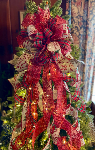 The Crispin Red & Green Christmas Tree Topper Bow, tree trimming bow, bow for wreath, long streamer bow, farmhouse red truck Christmas bow