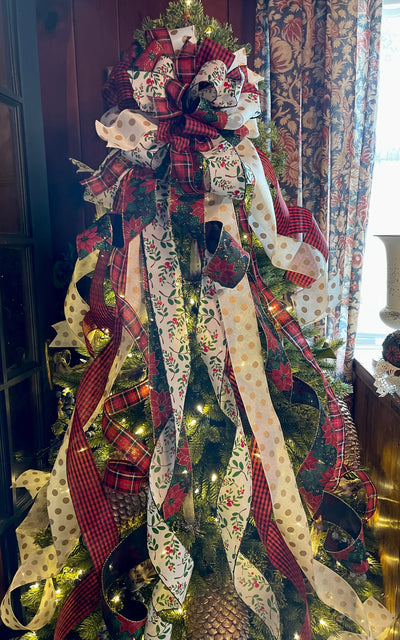 The Maggie Red Black Green & White Christmas Tree Topper Bow, Cottage style bow, bow for wreath, long streamer bow, bow for tree