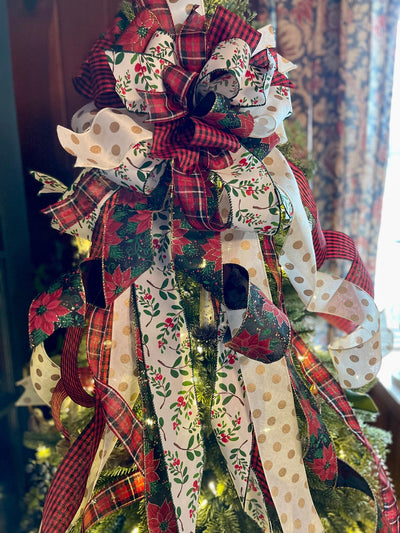 The Maggie Red Black Green & White Christmas Tree Topper Bow, Cottage style bow, bow for wreath, long streamer bow, bow for tree