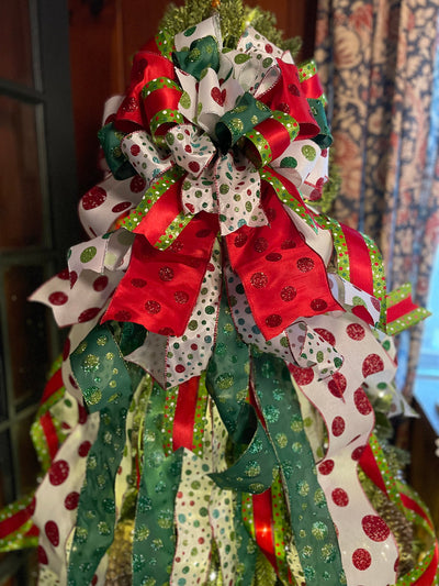 The Carol Red & Green polka dot XXXL Christmas Tree Topper Bow, Christmas tree trimming bow, XL long streamer bow, christmas decor