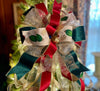 The Eloise Red Green & Gold Vintage Style Christmas Tree Topper Bow, Bow topper for christmas tree, Xmas ribbon topper, tree trimming bow