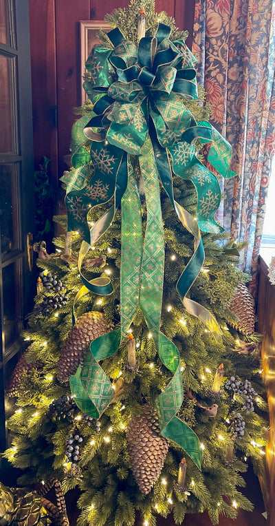 The Jade Green & Gold Christmas Tree Topper Bow, evergreen bow, Xmas bow, winter Bow, ribbon topper, tree trimming bow