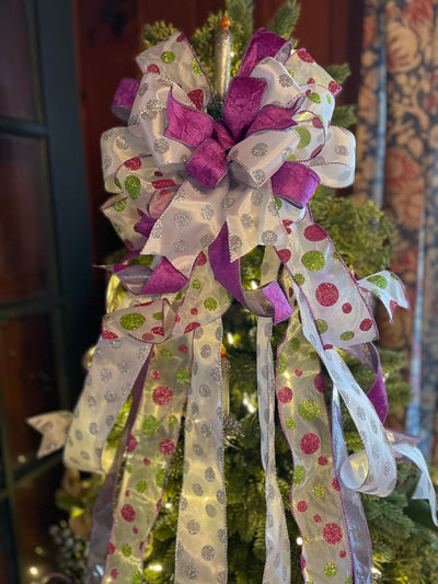 The FiFi Hot Pink & Lavender Christmas Tree Topper Bow, bow for wreath, long streamer bow, Grinch bow, tree trimming bow