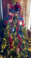 The Dawn Cranberry & Smokey Blue Christmas Tree Topper Bow, modern farmhouse bow for wreaths, Xmas plaid Bow, Cottage Bow, ribbon topper