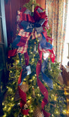 The Dawn Cranberry & Smokey Blue Christmas Tree Topper Bow, modern farmhouse bow for wreaths, Xmas plaid Bow, Cottage Bow, ribbon topper